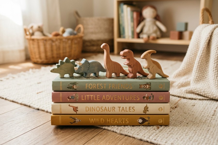 Kitapların üzerinde dizili ahşap dinozor oyuncakları