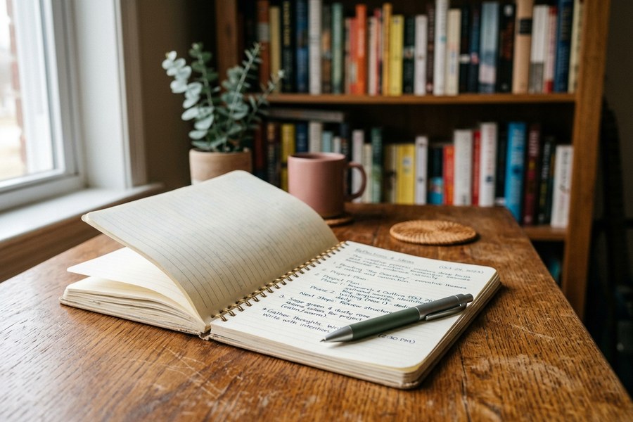 Kitaplığın önünde açık bir defter — eğitim notları