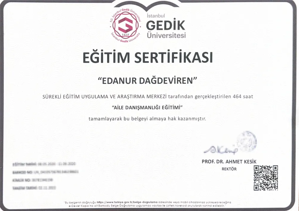 Aile Danışmanlığı Eğitimi sertifikası — İstanbul Gedik Üniversitesi