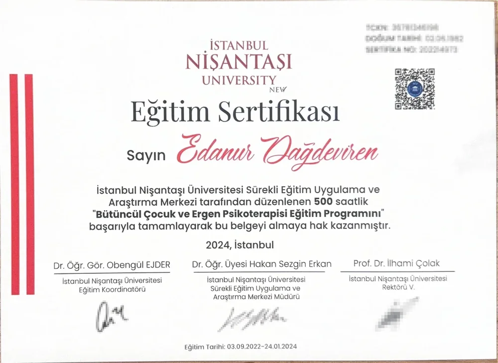 Bütüncül Çocuk ve Ergen Psikoterapisi Eğitim Programı sertifikası — İstanbul Nişantaşı Üniversitesi